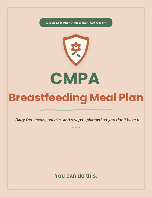 A digital cover for a 'CMPA Breastfeeding Meal Plan' 'A CALM GUIDE FOR NURSING MOMS',